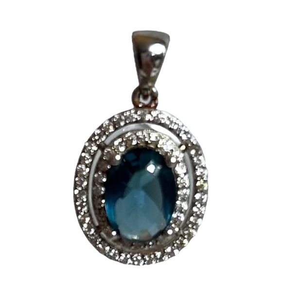 Sterling Silver Blue Topaz Colored Necklace Pendant Oval CZ Please Read Descript - Picture 7 of 7